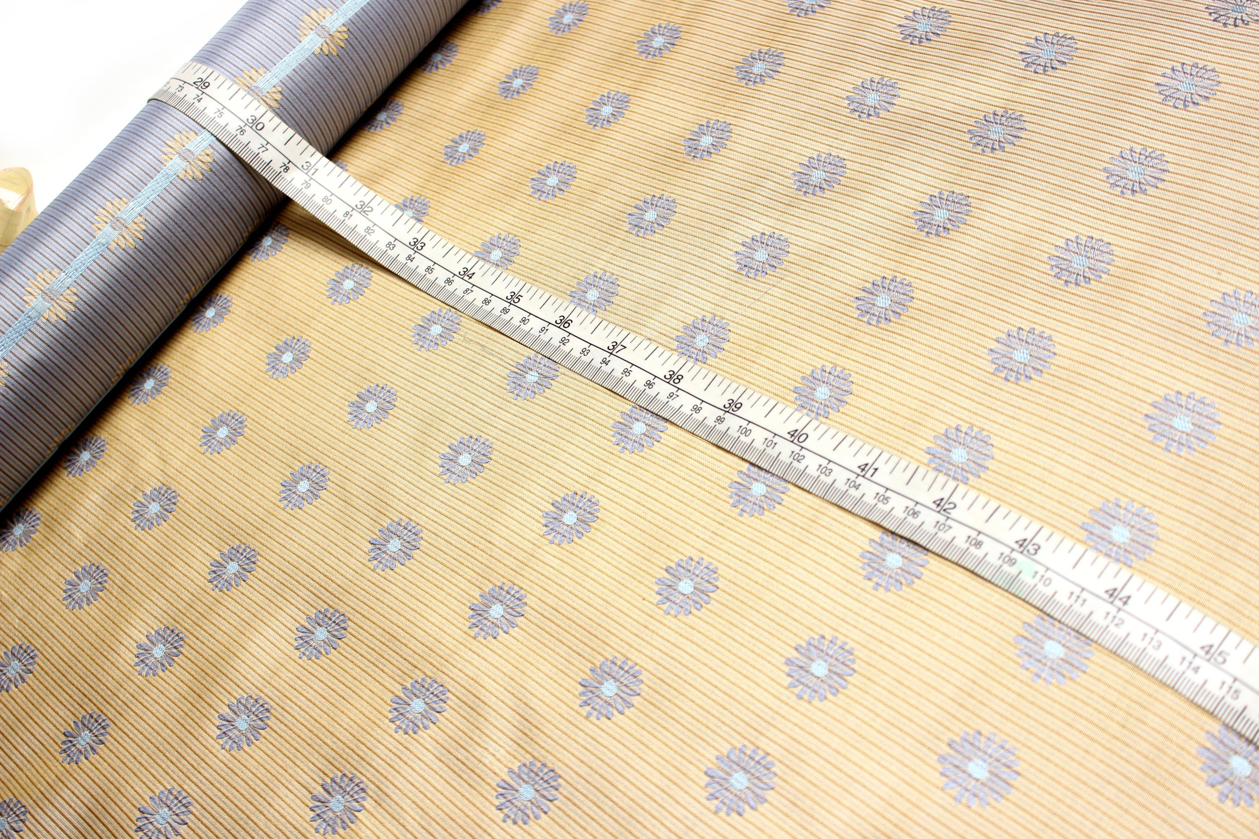 Beige with Blue Flowers Embroidery Silk Fabric