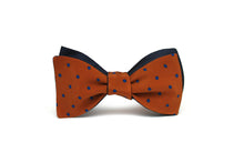 Load image into Gallery viewer, Navy Polka Dot Brown Silk Reversible Self-Tied Bow Tie
