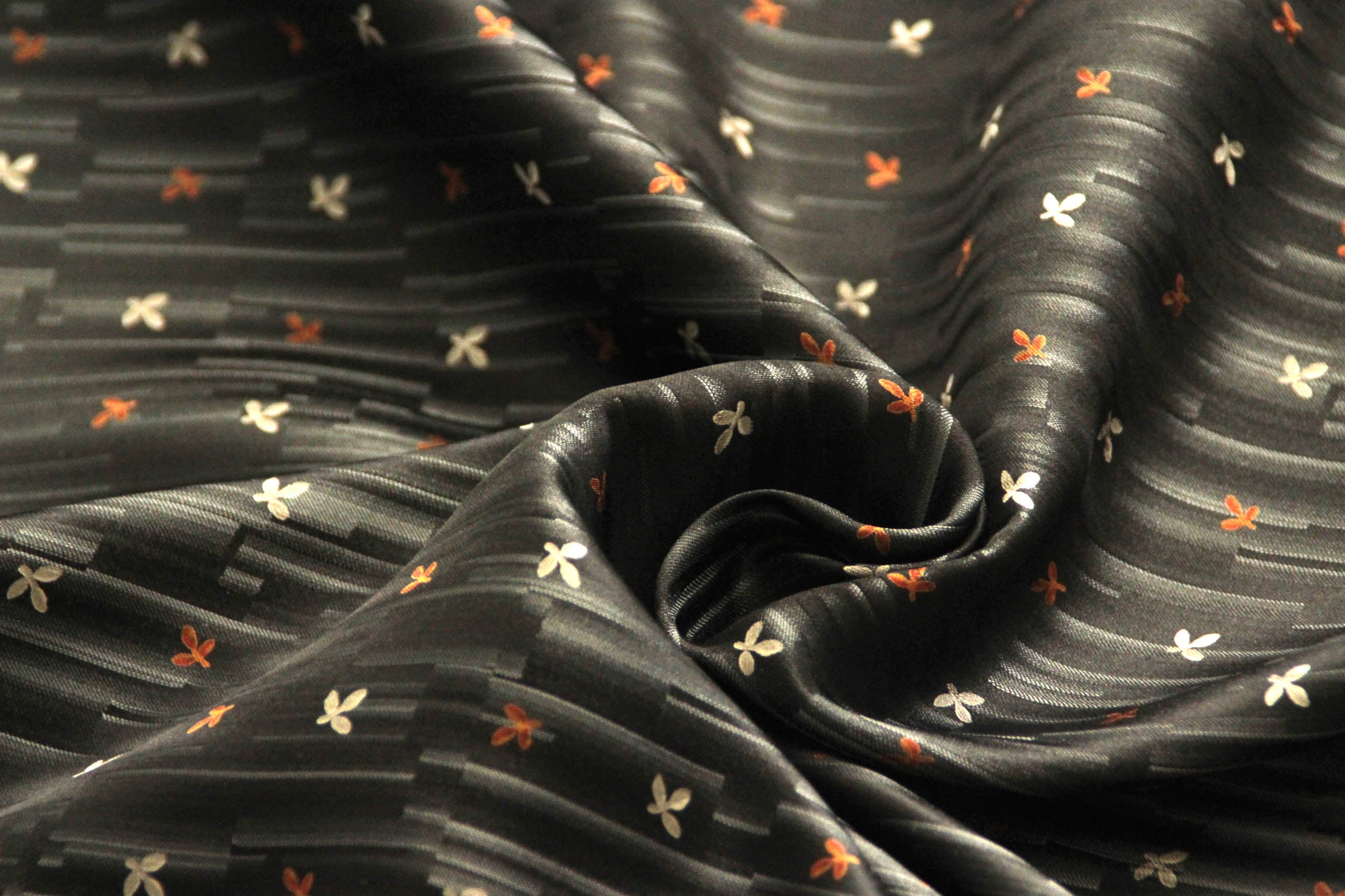 Black Floral Ornament Silk Fabric