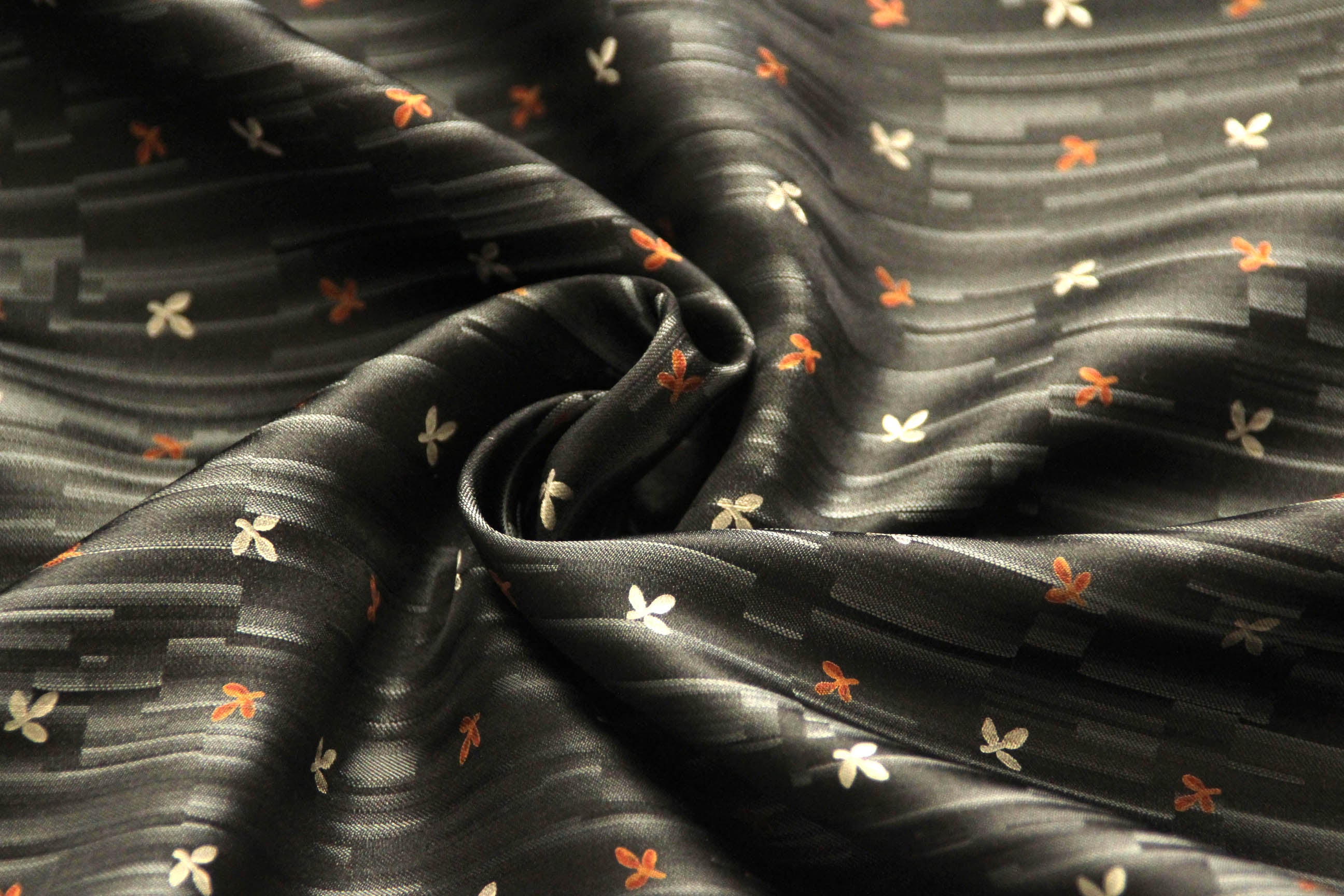 Black Floral Ornament Silk Fabric