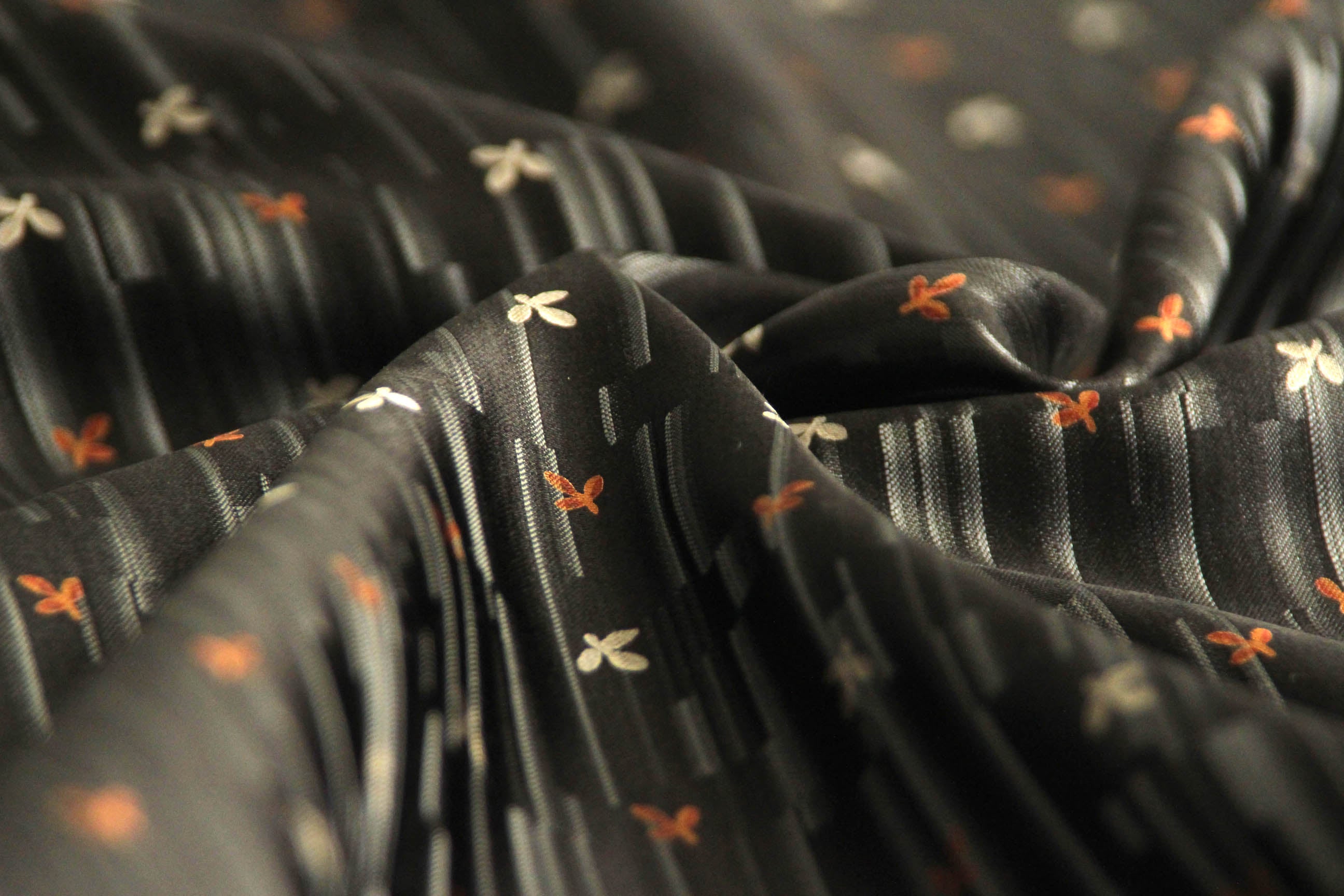 Black Floral Ornament Silk Fabric