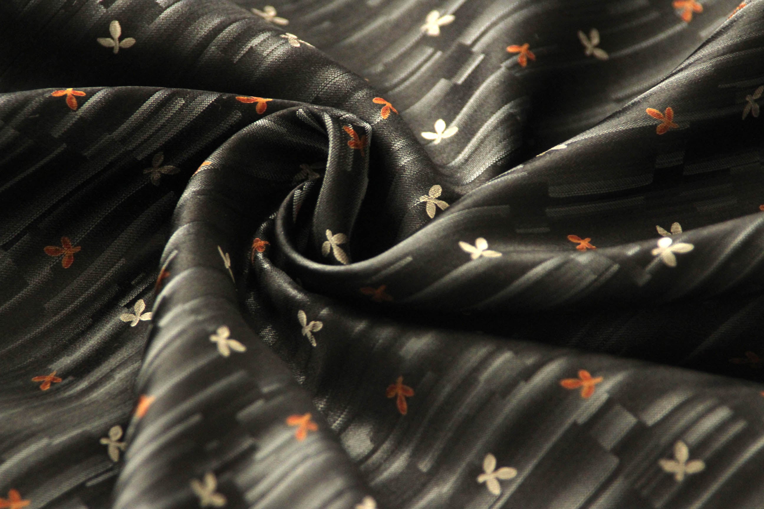 Black Floral Ornament Silk Fabric