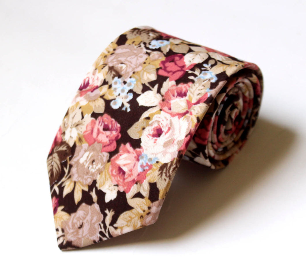 Dusty Rose Brown Beige Floral Necktie 3.14