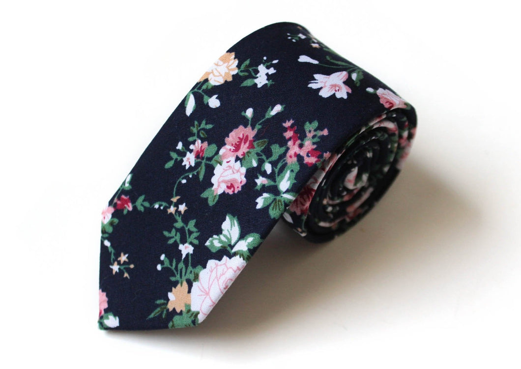 Black and Coral Pink Floral Necktie 2.36