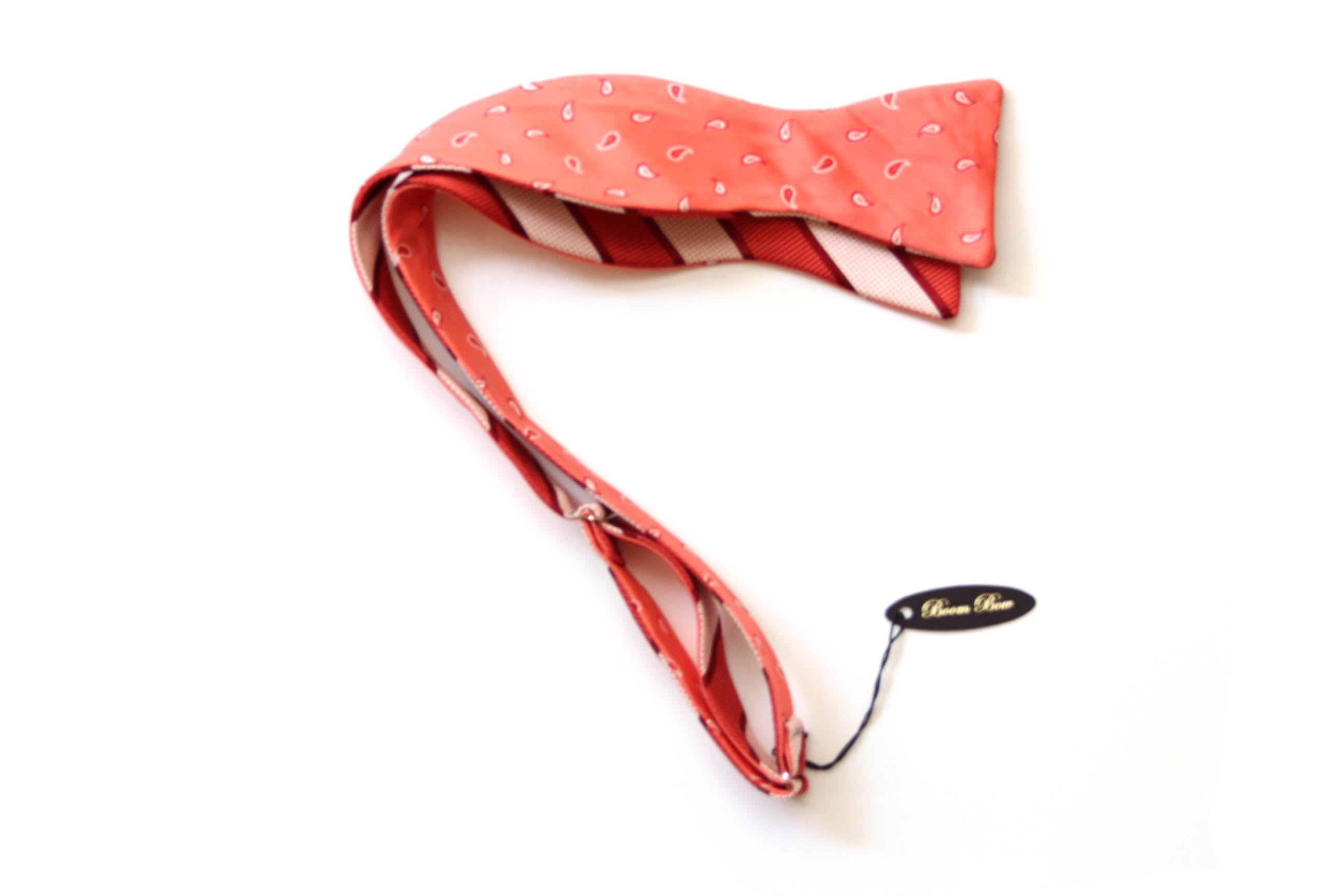 Coral Salmon Paisley Stripe Reversible Self-Tie Bow Tie
