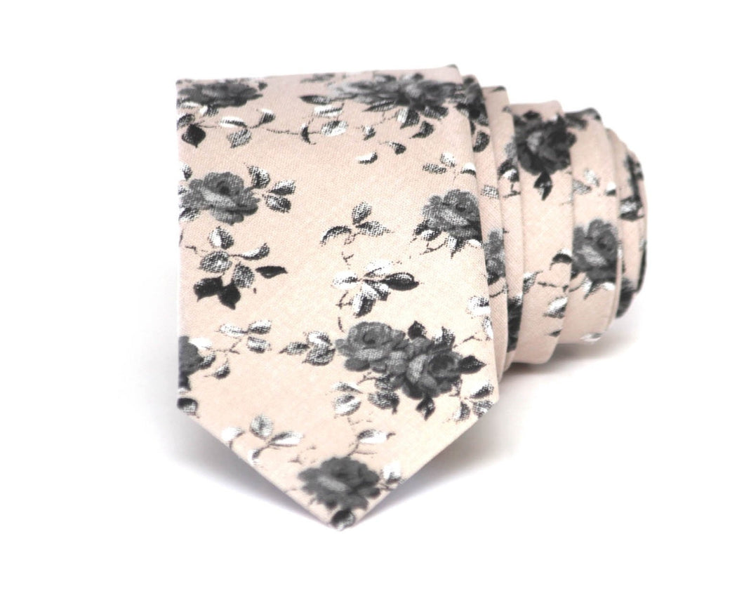 Grey Beige Floral Cotton Necktie