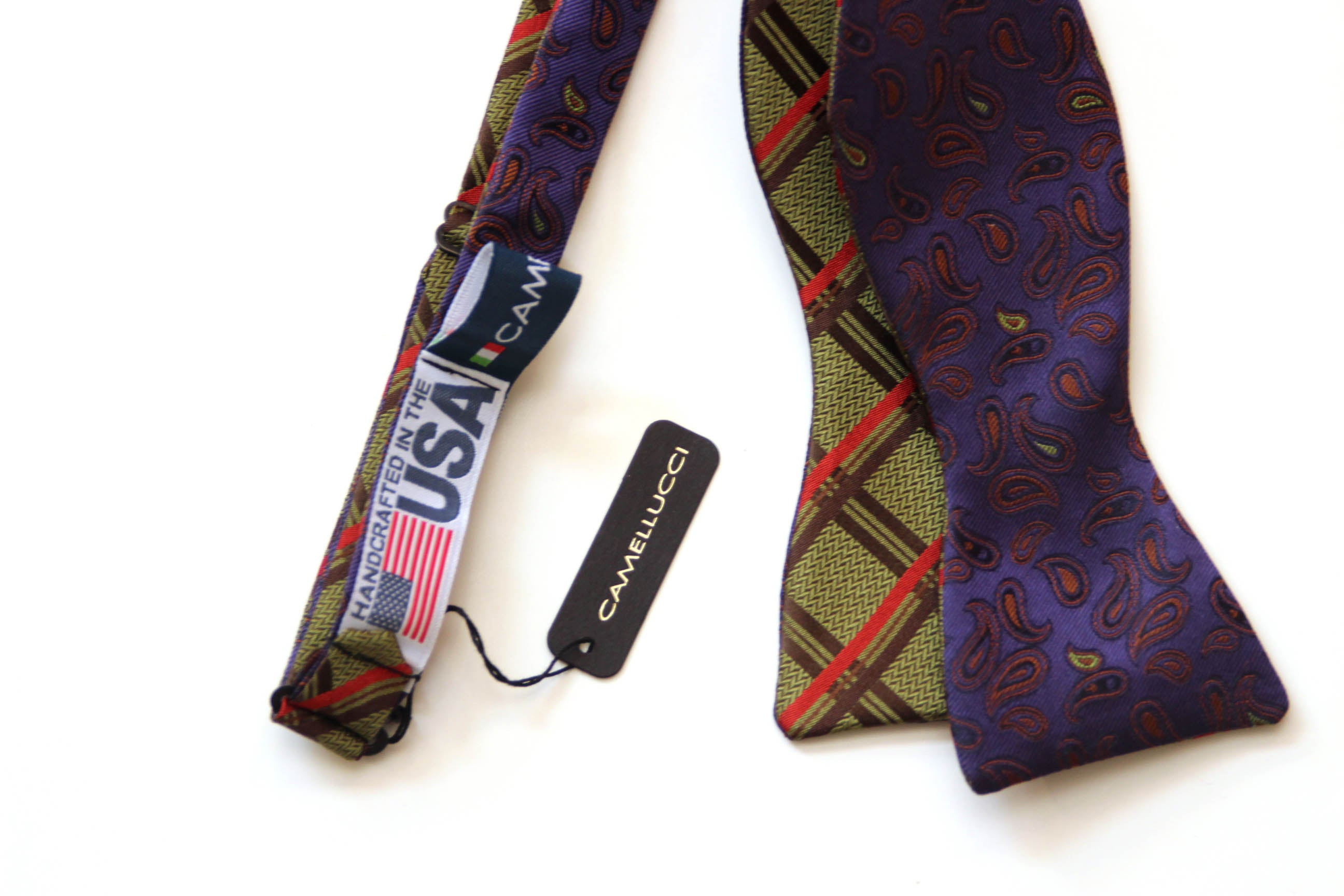 Purple Paisley and Moss Green Plaid Reversible Self-Tie Bow Tie