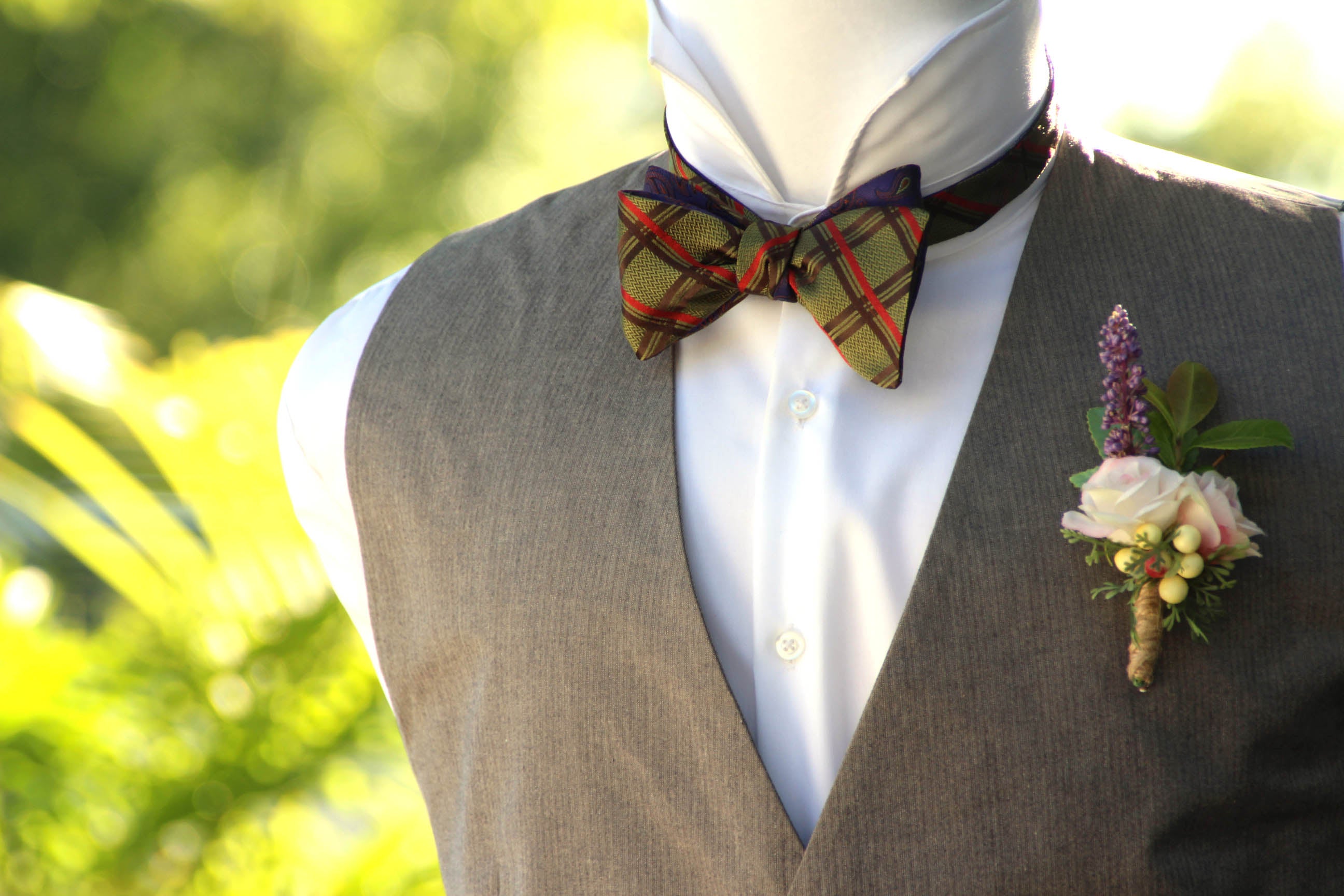 Purple Paisley and Moss Green Plaid Reversible Self-Tie Bow Tie