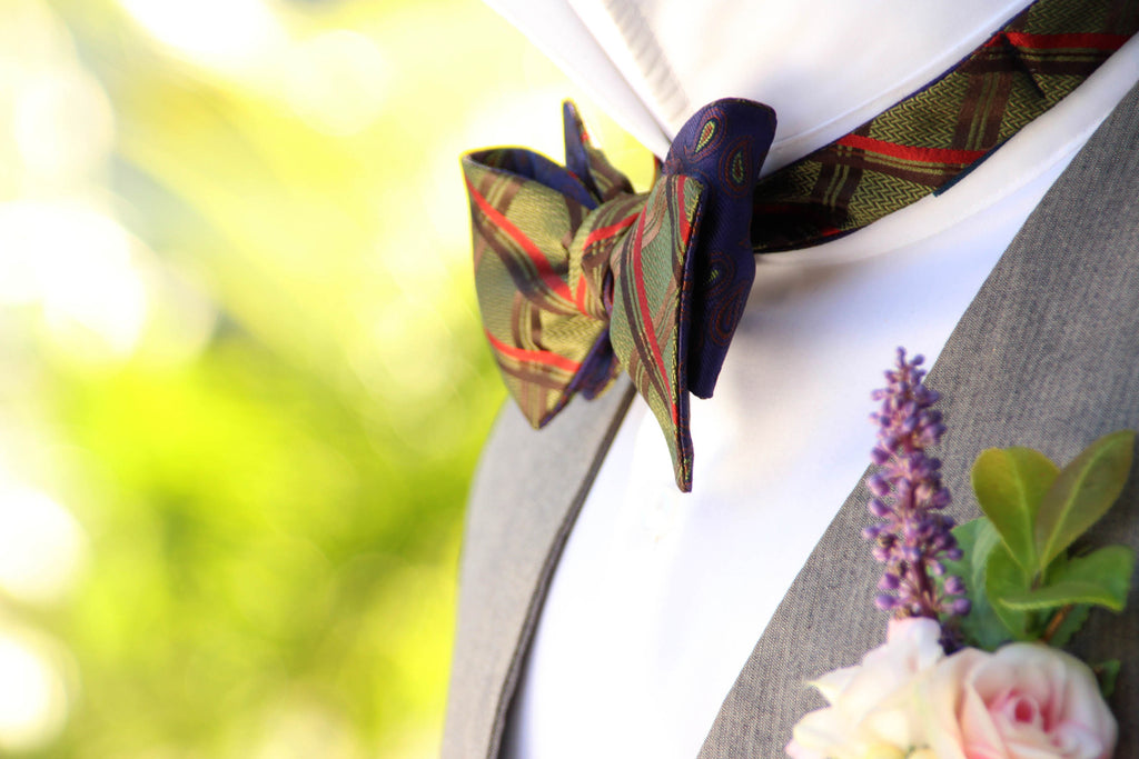 Purple Paisley and Moss Green Plaid Reversible Self-Tie Bow Tie