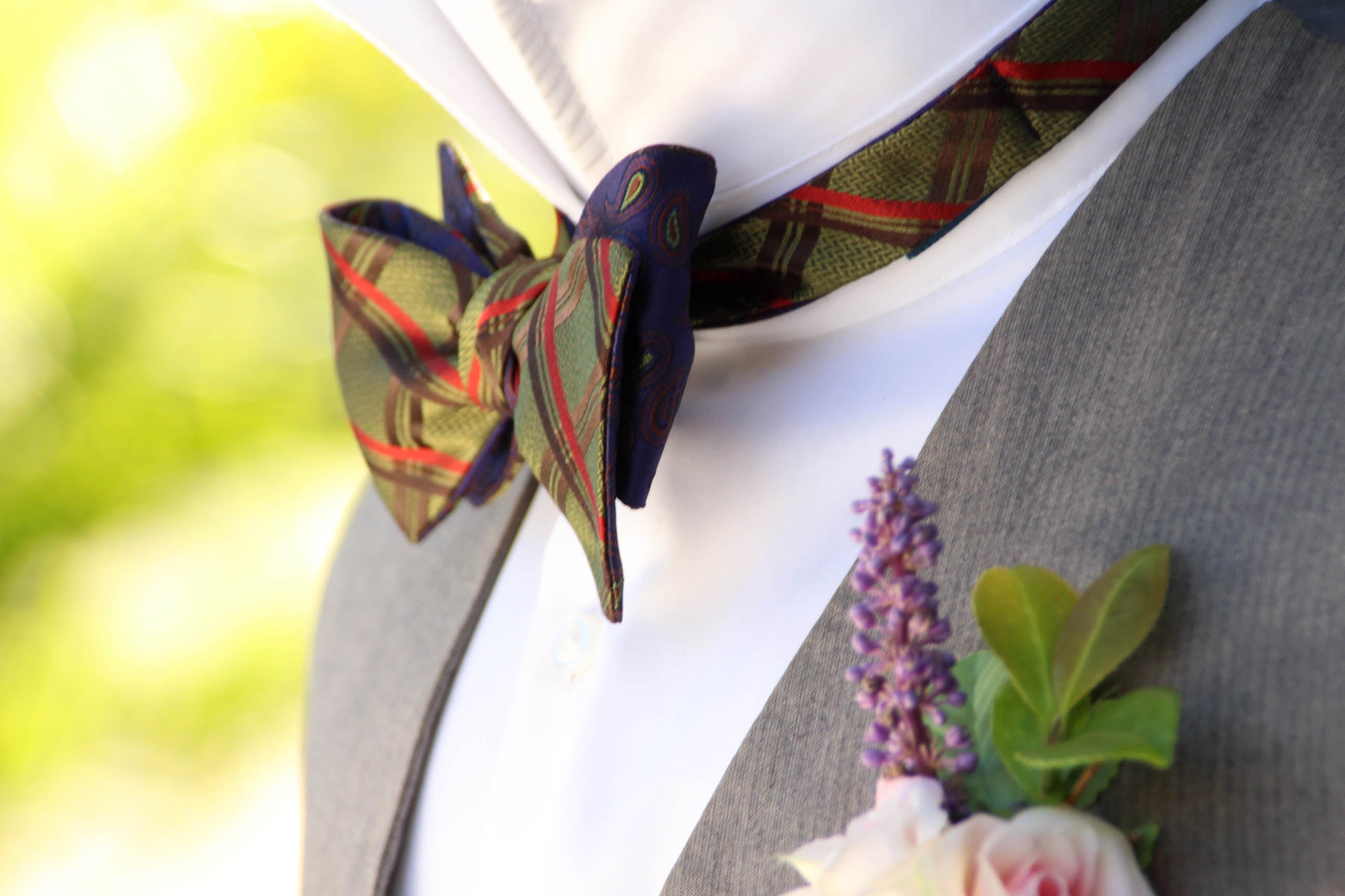 Purple Paisley and Moss Green Plaid Reversible Self-Tie Bow Tie