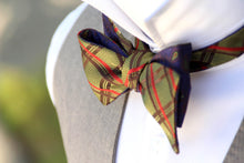 Load image into Gallery viewer, Purple Paisley and Moss Green Plaid Reversible Self-Tie Bow Tie

