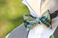 Load image into Gallery viewer, Blue Green Teal Plaid Gold Reversible Self-Tie Bow Tie
