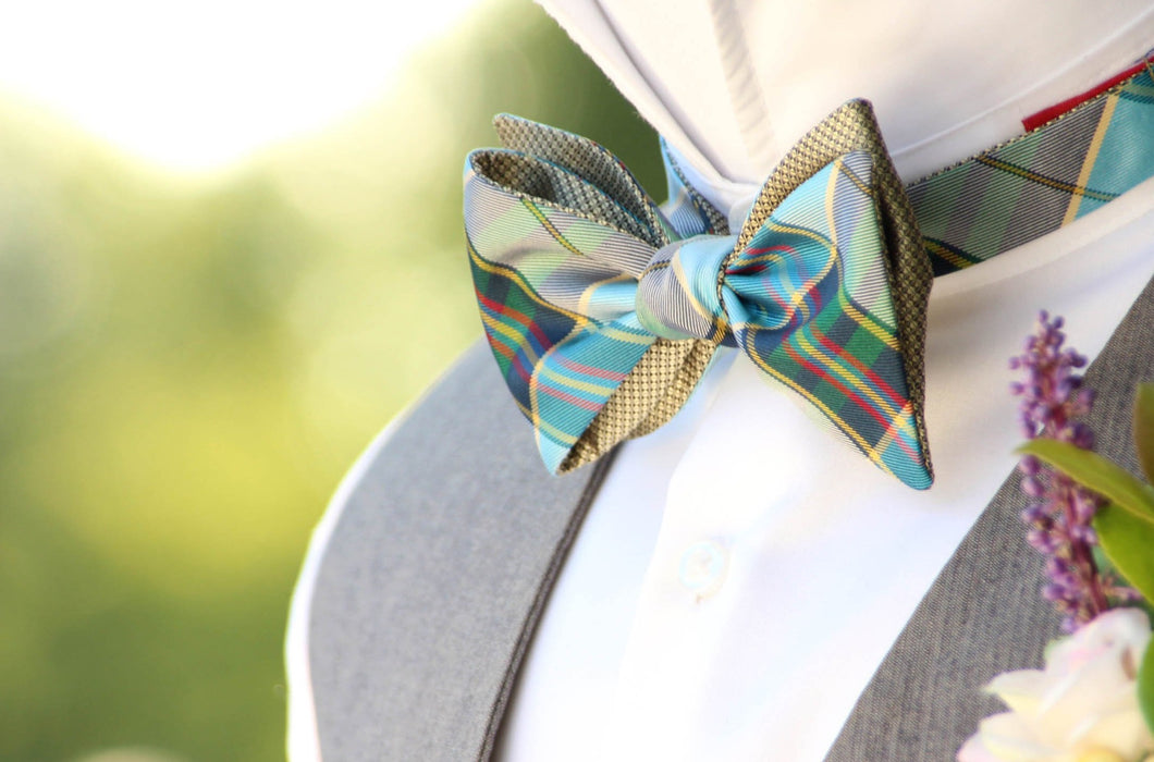 Blue Green Teal Plaid Gold Reversible Self-Tie Bow Tie