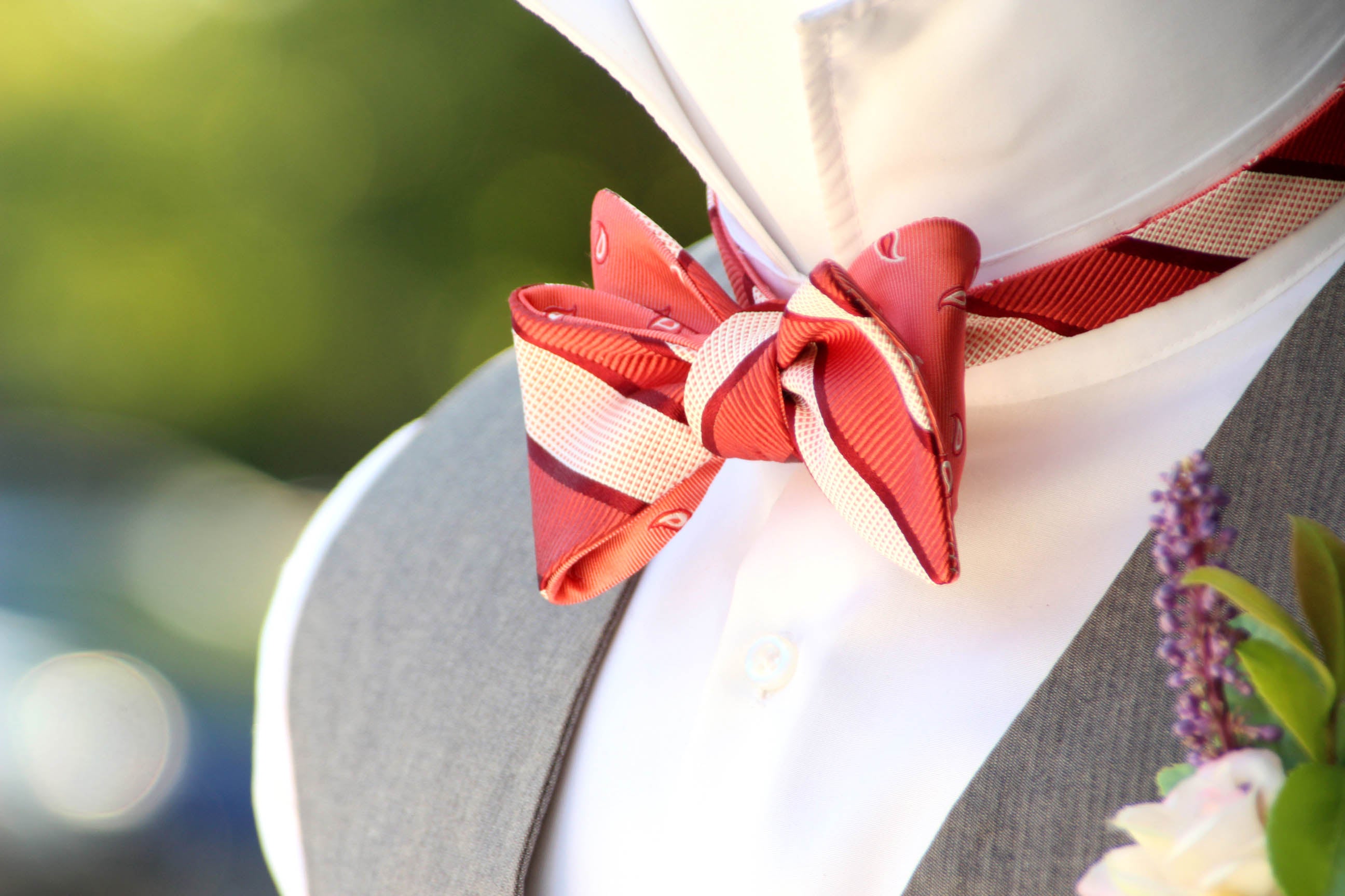 Coral Salmon Paisley Stripe Reversible Self-Tie Bow Tie
