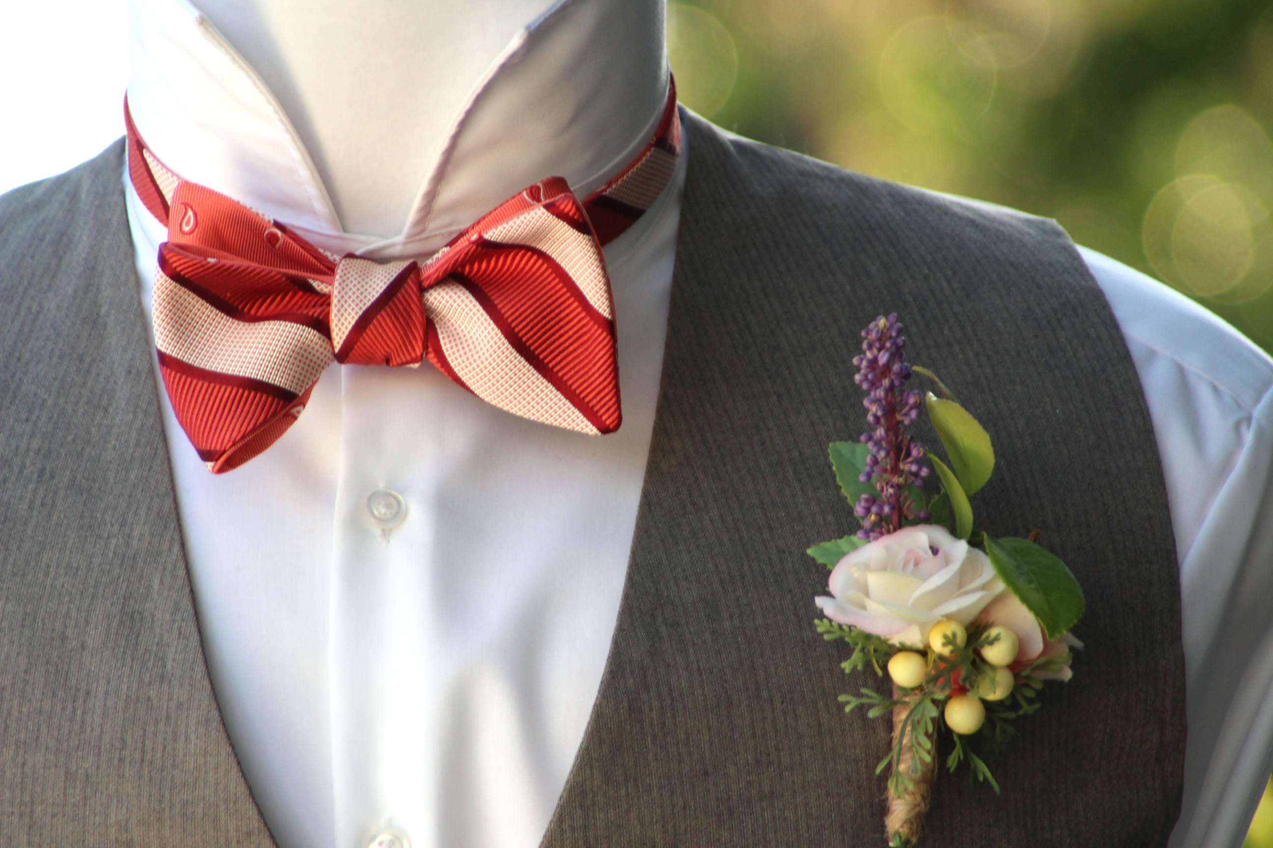 Coral Salmon Paisley Stripe Reversible Self-Tie Bow Tie