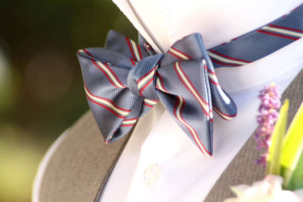 Dusty Blue Red Stripe Self-Tie Bow Tie
