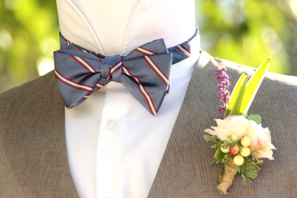 Dusty Blue Red Stripe Self-Tie Bow Tie