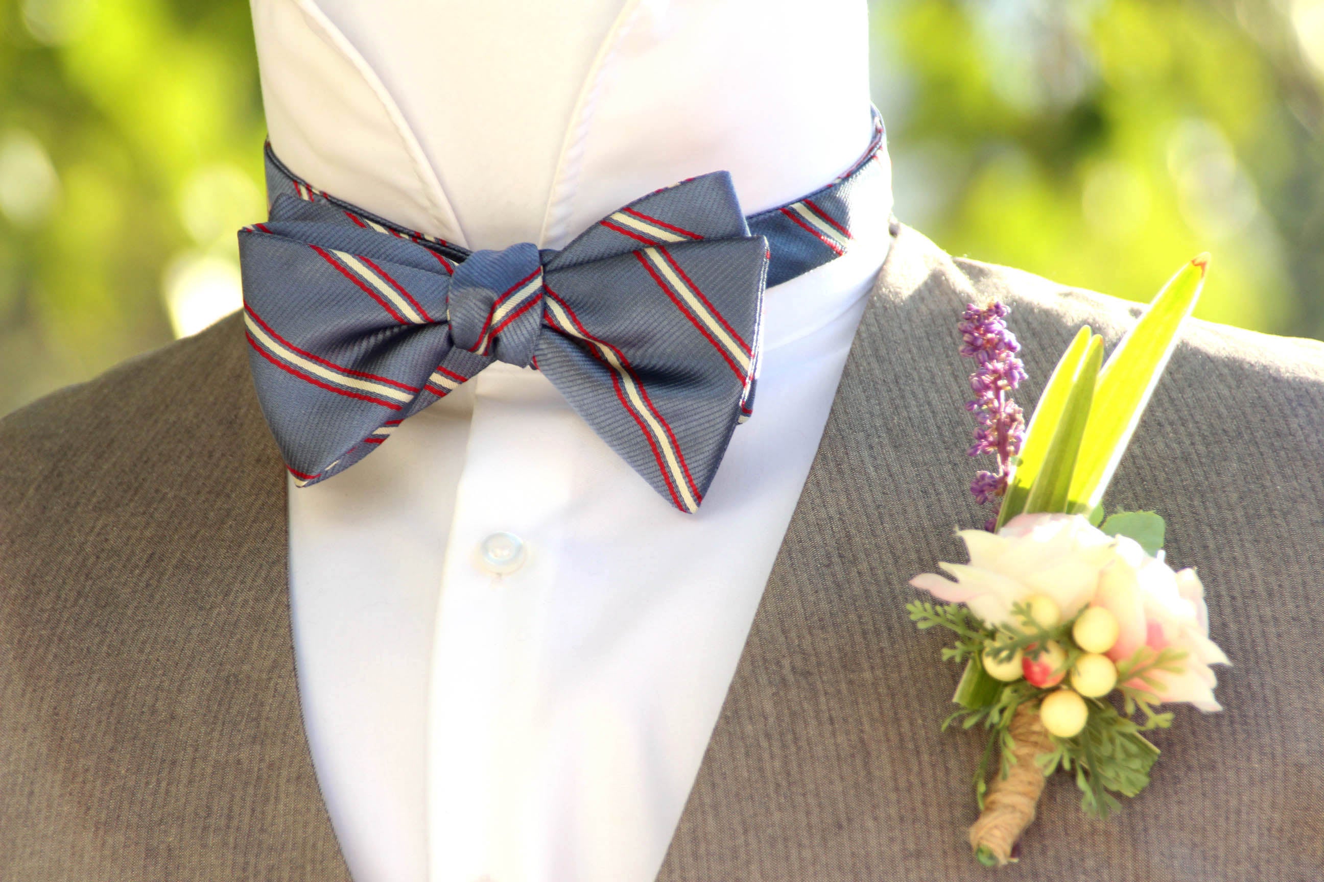 Dusty Blue Red Stripe Self-Tie Bow Tie