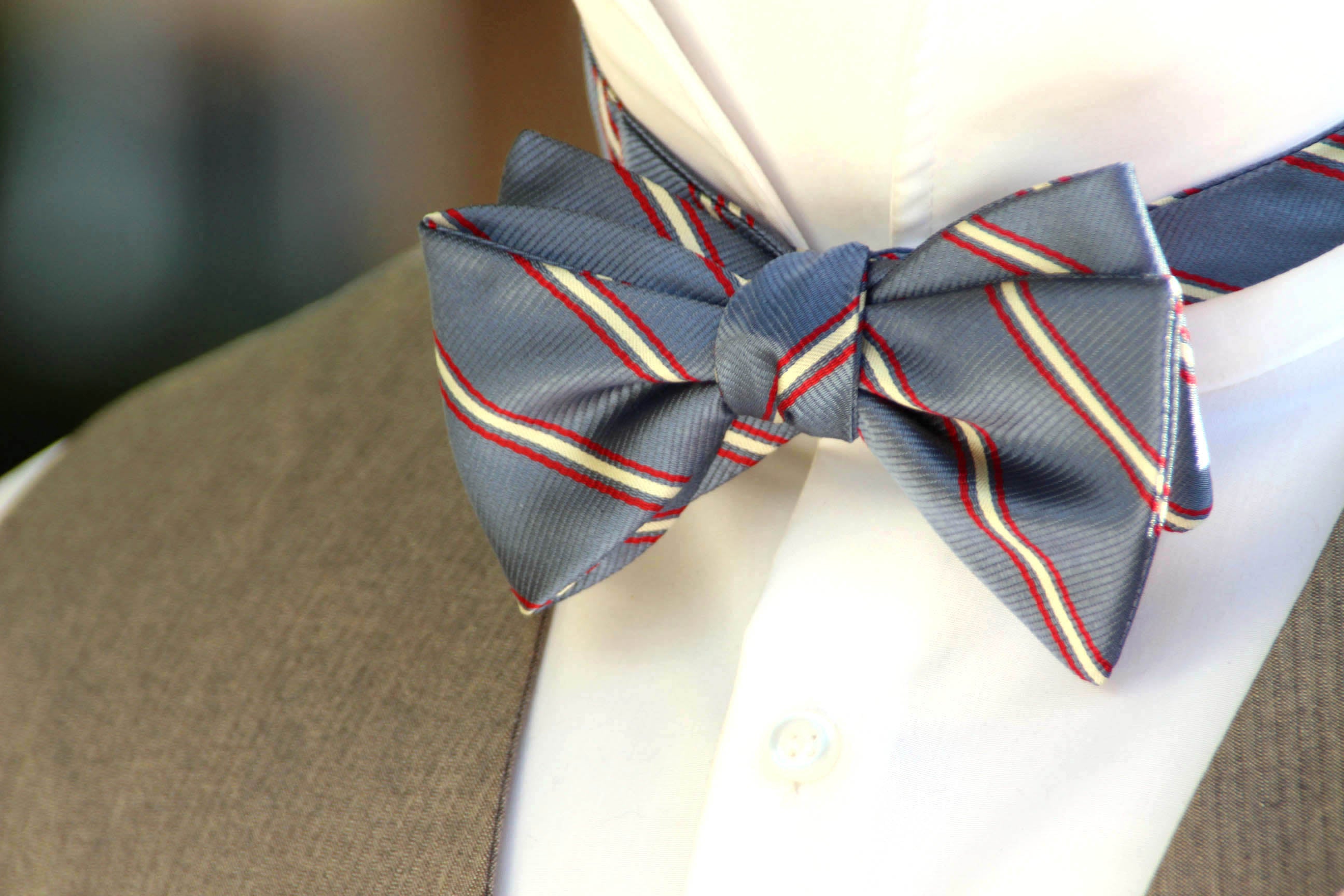 Dusty Blue Red Stripe Self-Tie Bow Tie