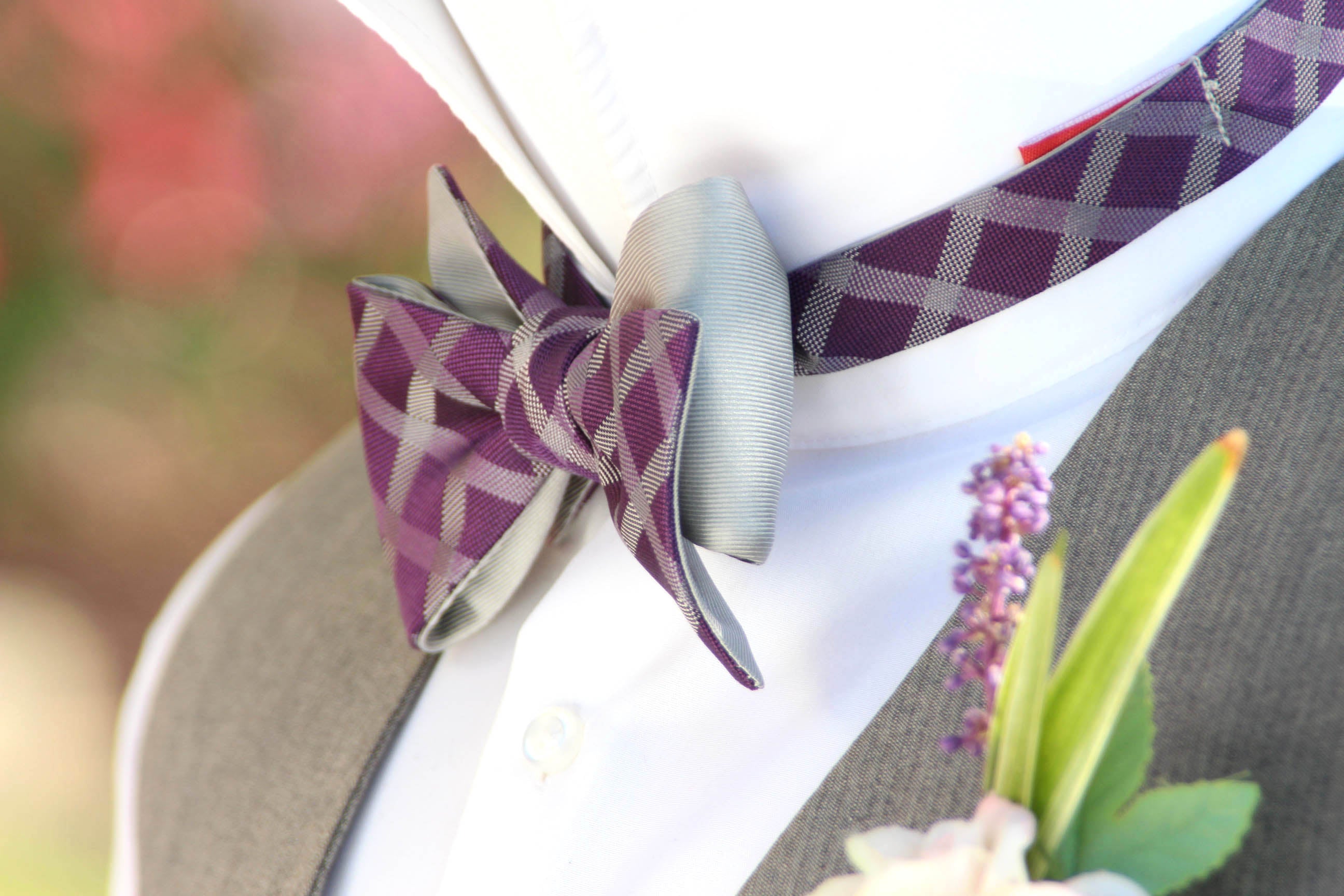 Purple plaid Grey Reversible Self-Tie Bow Tie