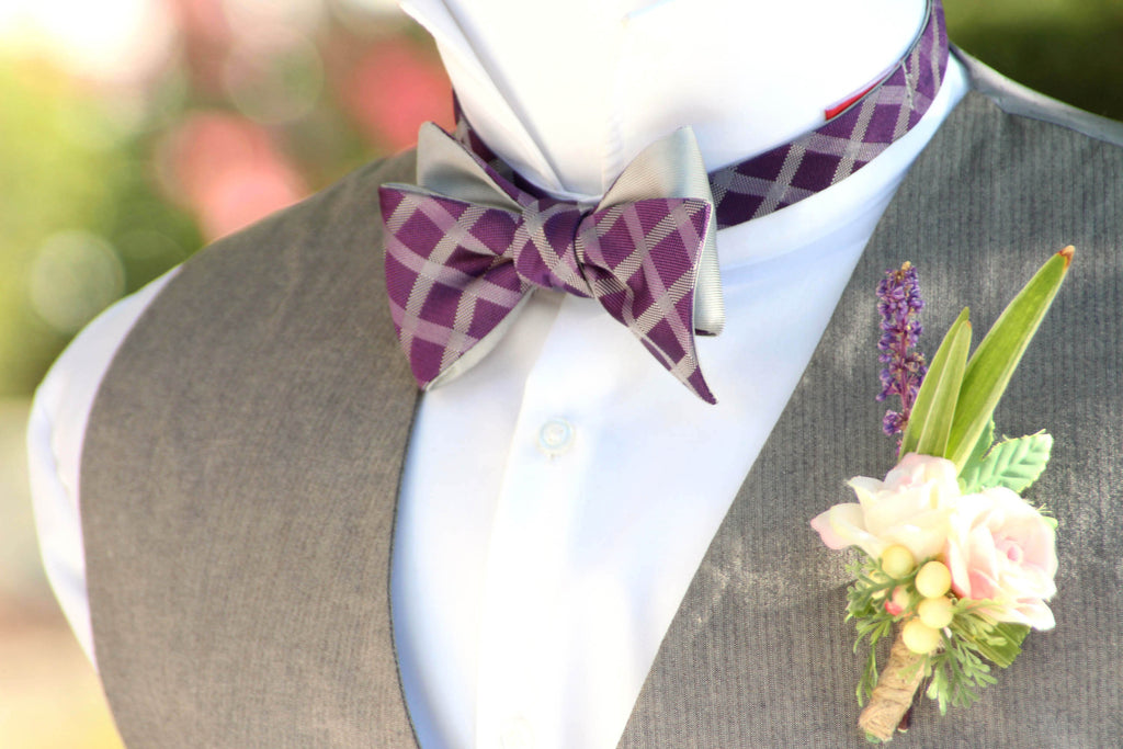 Purple plaid Grey Reversible Self-Tie Bow Tie