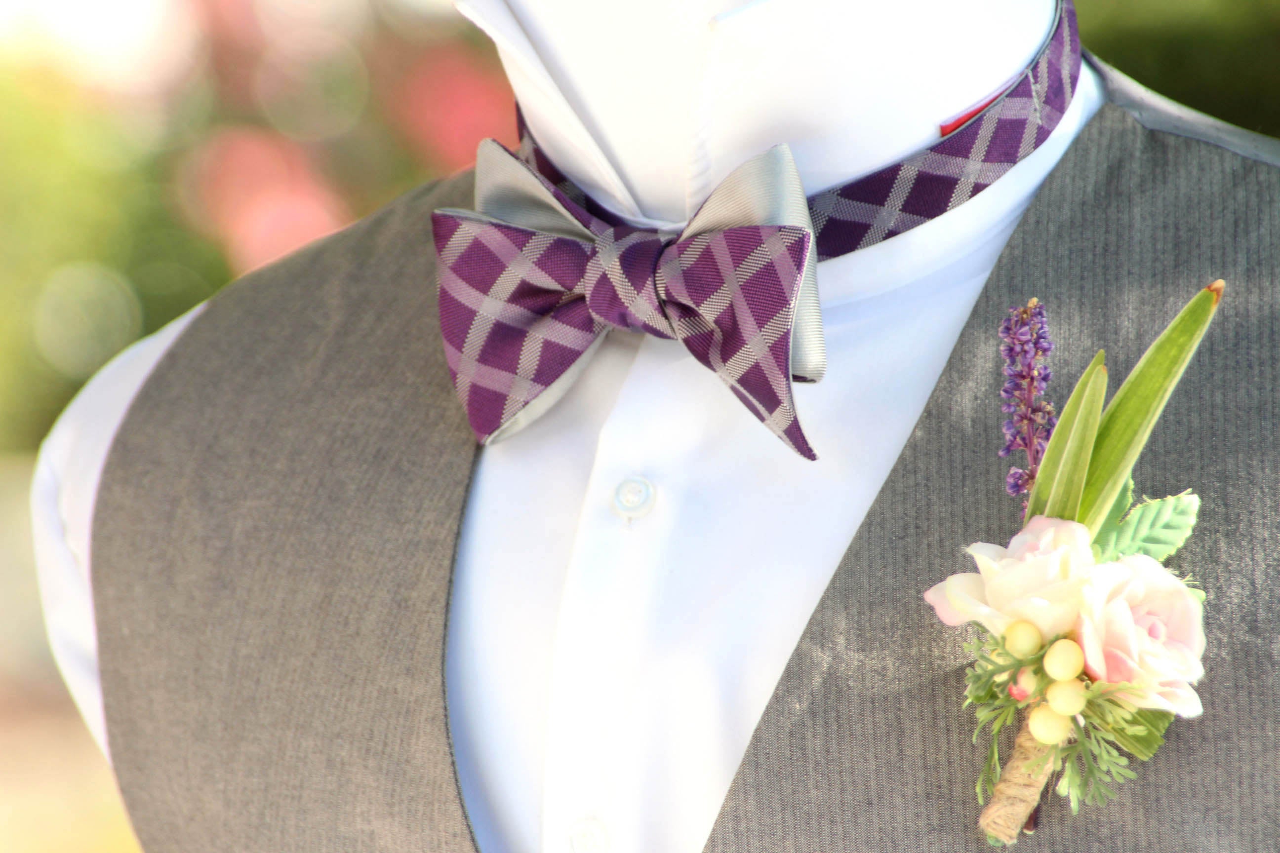Purple plaid Grey Reversible Self-Tie Bow Tie