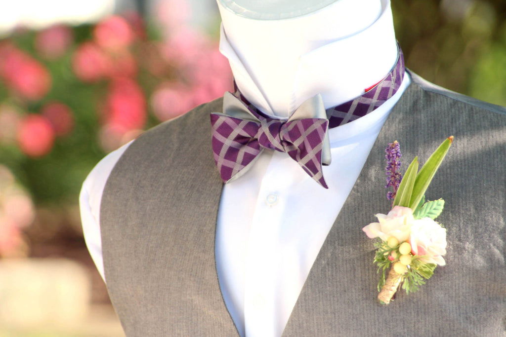Purple plaid Grey Reversible Self-Tie Bow Tie