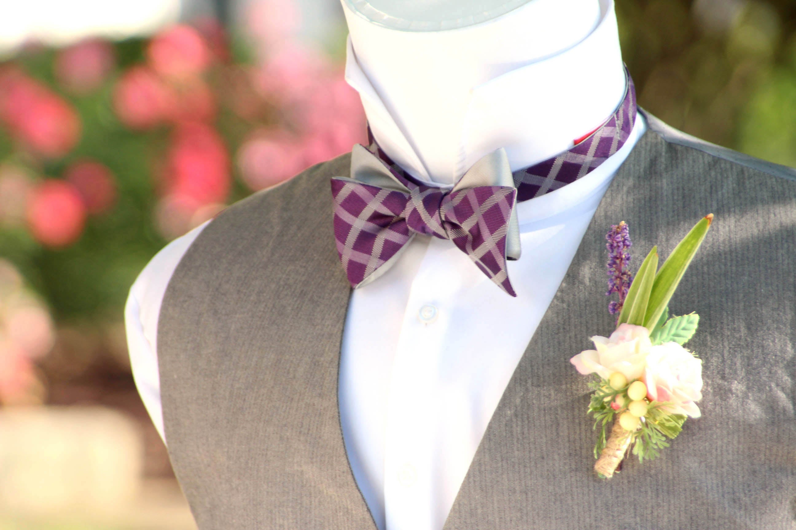 Purple plaid Grey Reversible Self-Tie Bow Tie
