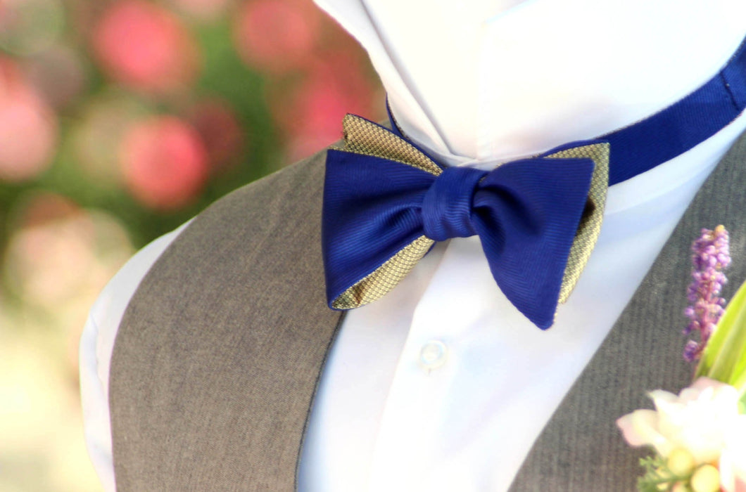 Royal Blue Gold Reversible Self-Tie Bow Tie