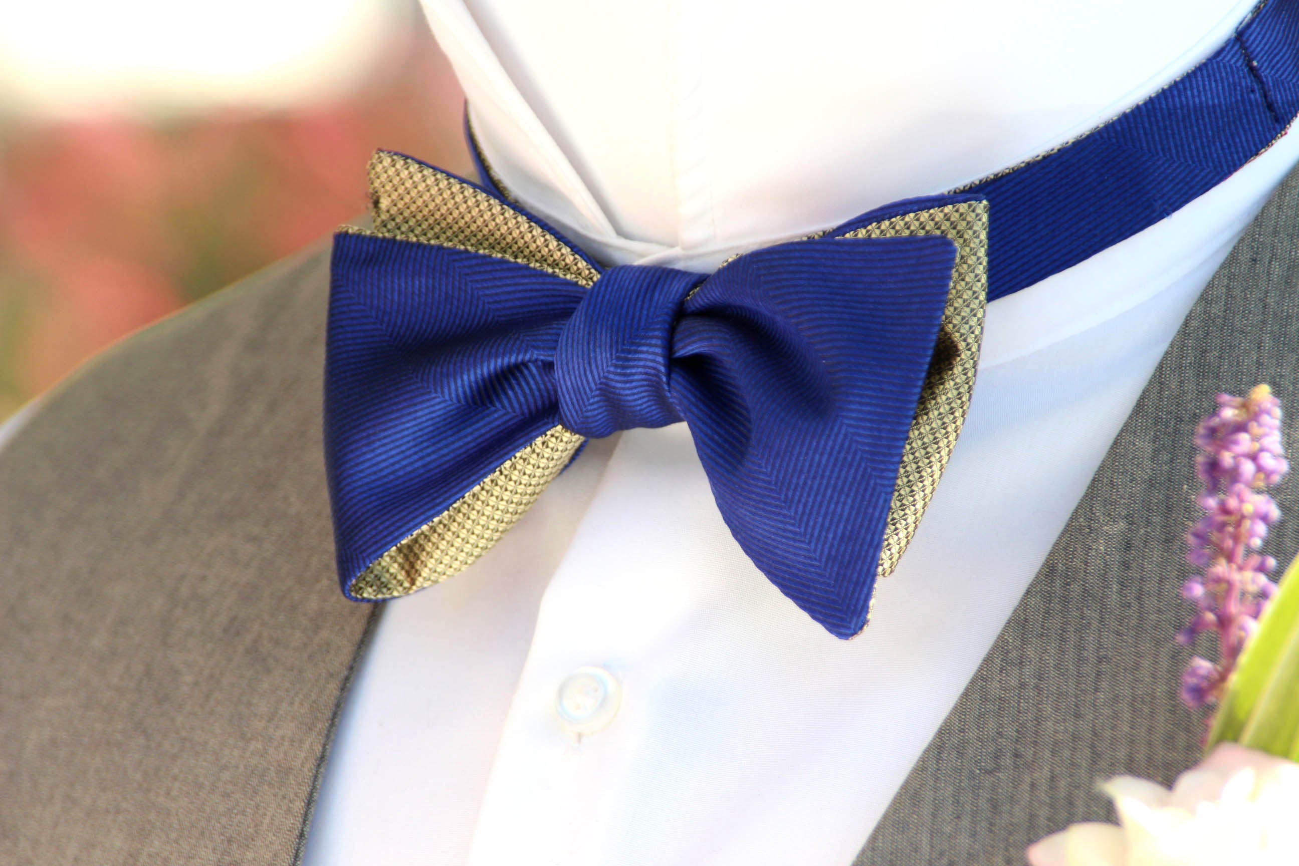 Royal Blue Gold Reversible Self-Tie Bow Tie