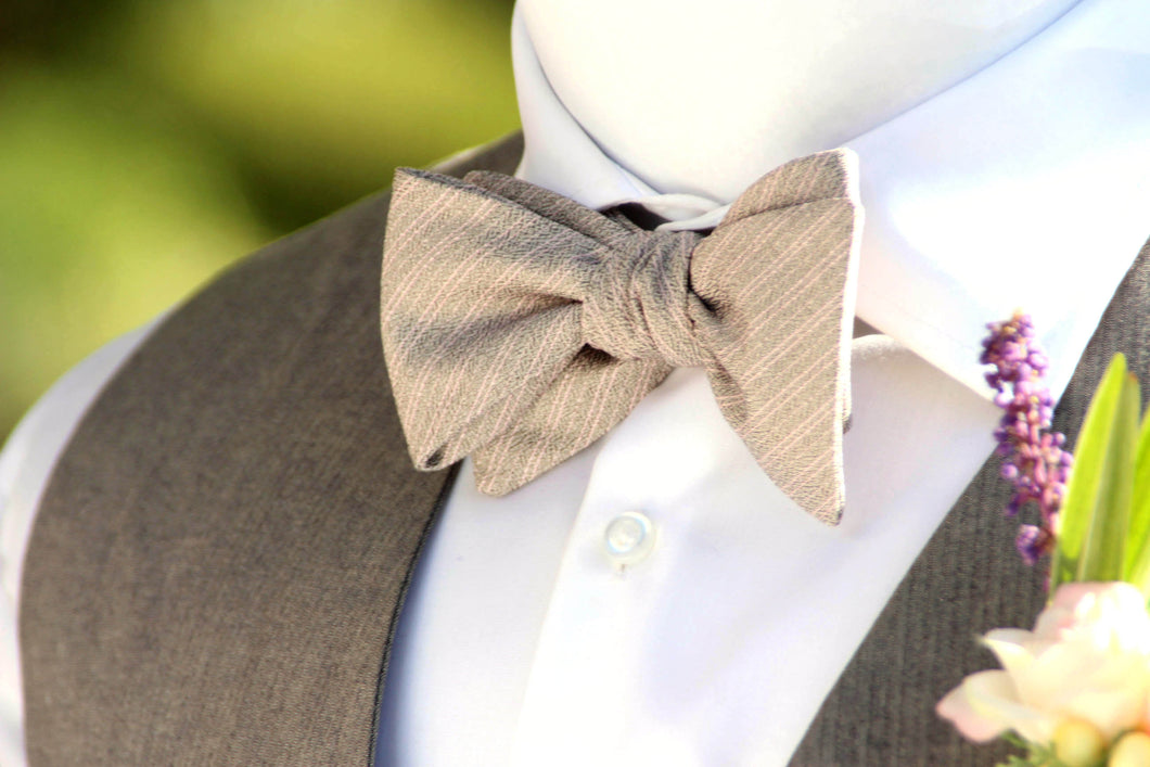 Grey Dusty Rose Stripe Self-Tie Bow Tie