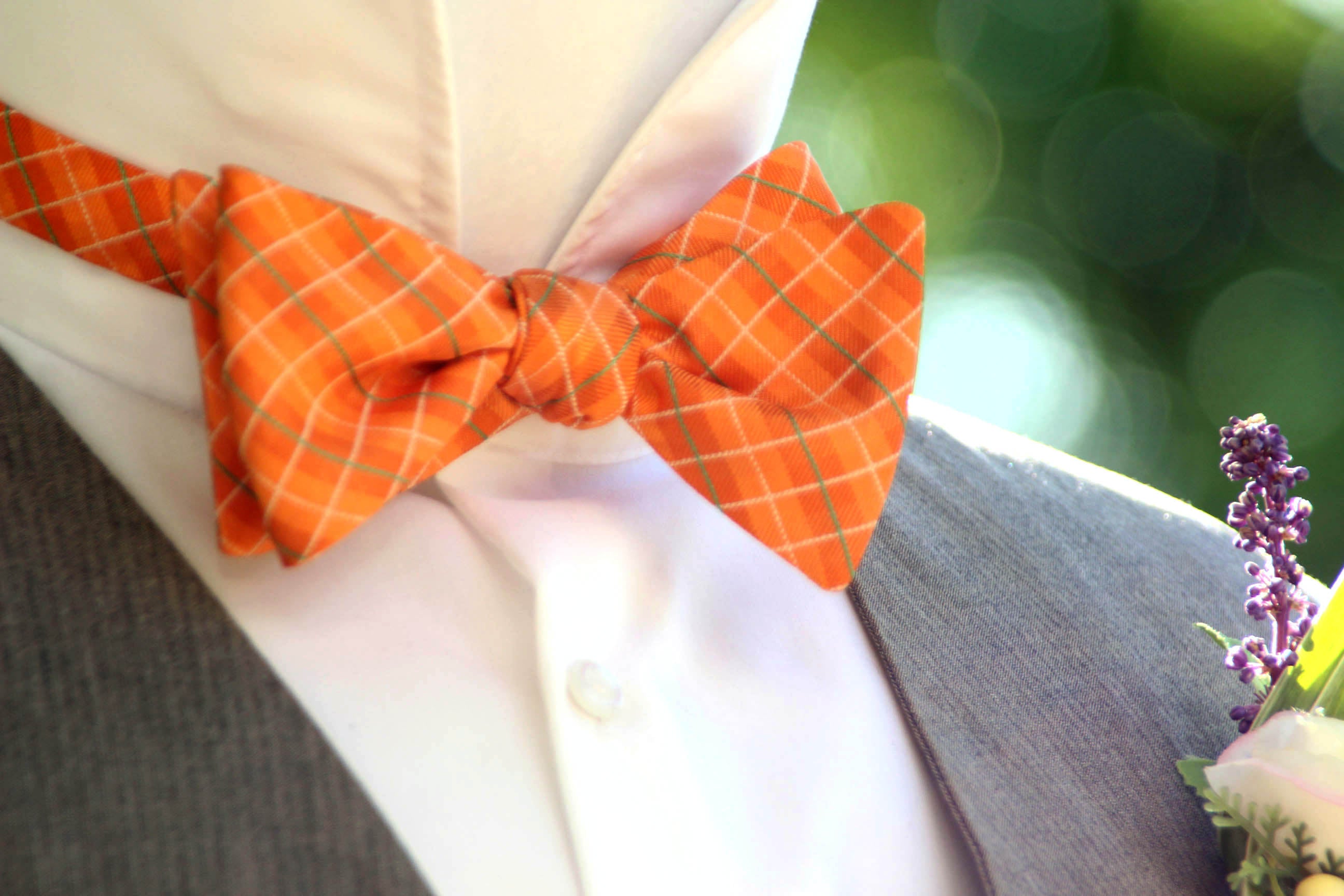 Orange Plaid Self-Tie Bow Tie