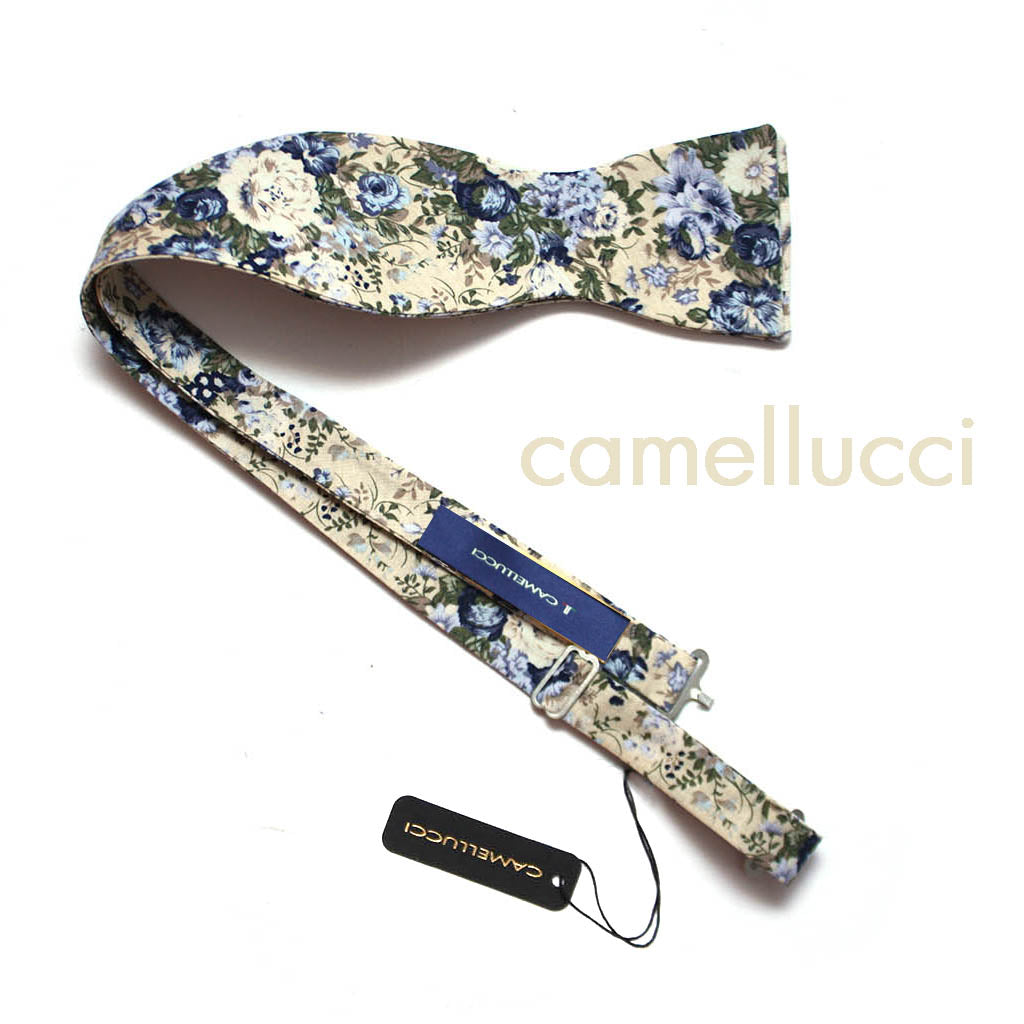 Grey Beige Blue Floral Self-Tie Bow Tie