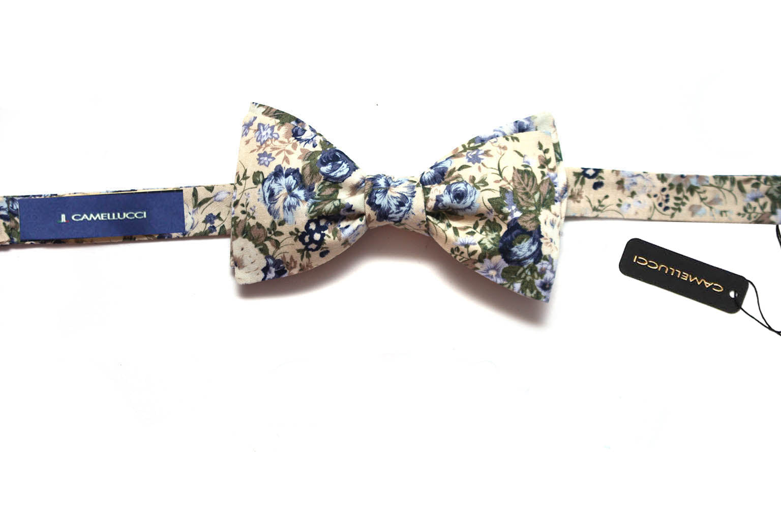 Grey Beige Blue Floral Self-Tie Bow Tie