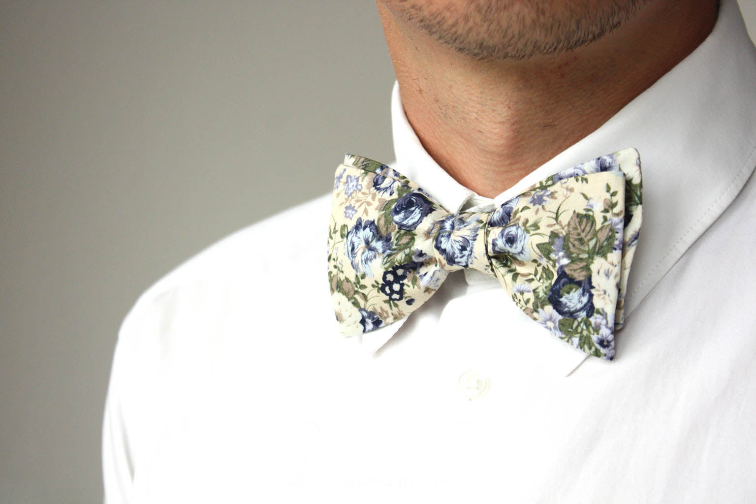 Grey Beige Blue Floral Self-Tie Bow Tie