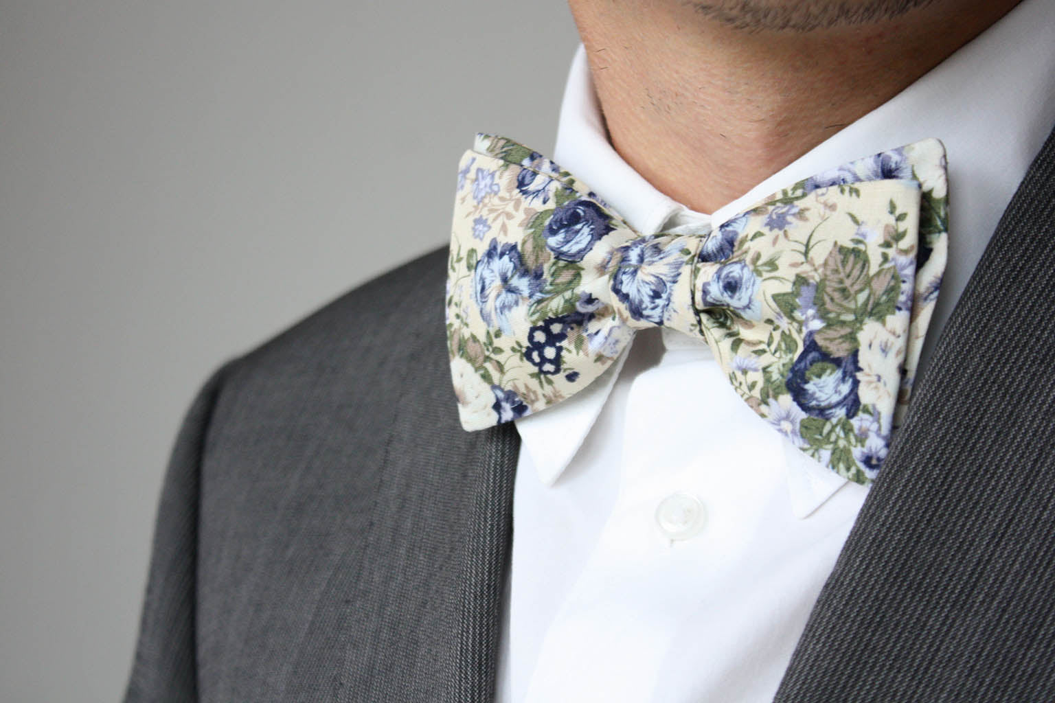 Grey Beige Blue Floral Self-Tie Bow Tie