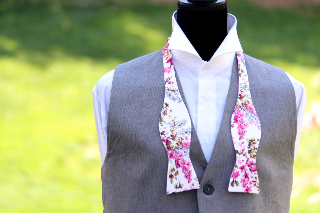 Pink White Floral Self-Tie Bow Tie