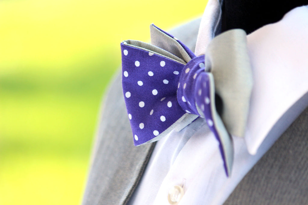 Purple Polka Dot Grey Solid Reversible Self-Tie Bow Tie