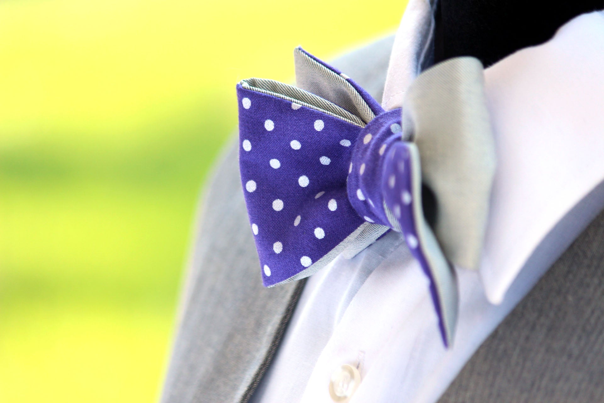 Purple Polka Dot Grey Solid Reversible Self-Tie Bow Tie