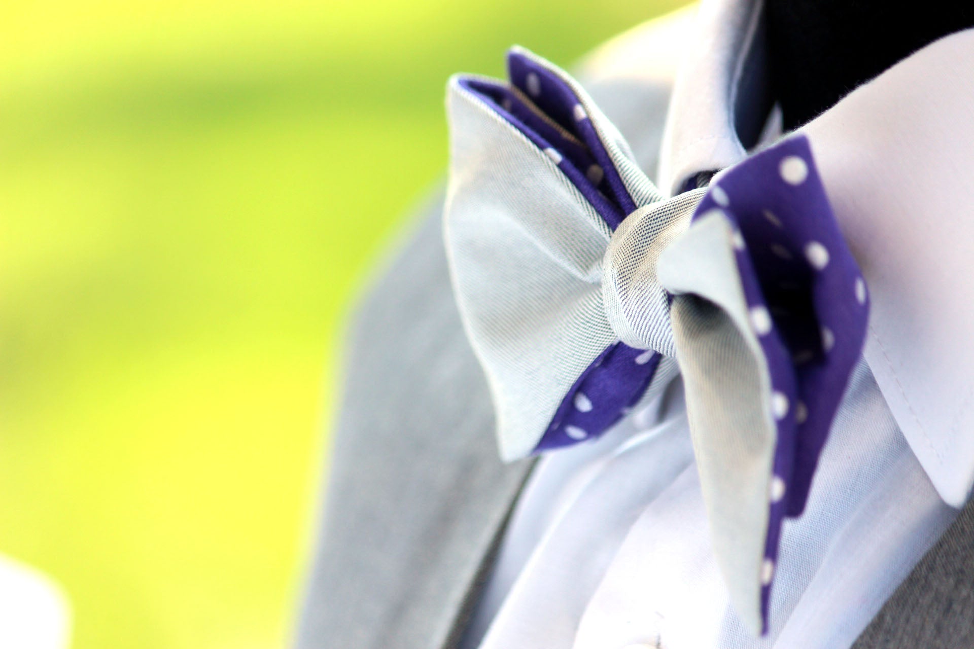 Purple Polka Dot Grey Solid Reversible Self-Tie Bow Tie