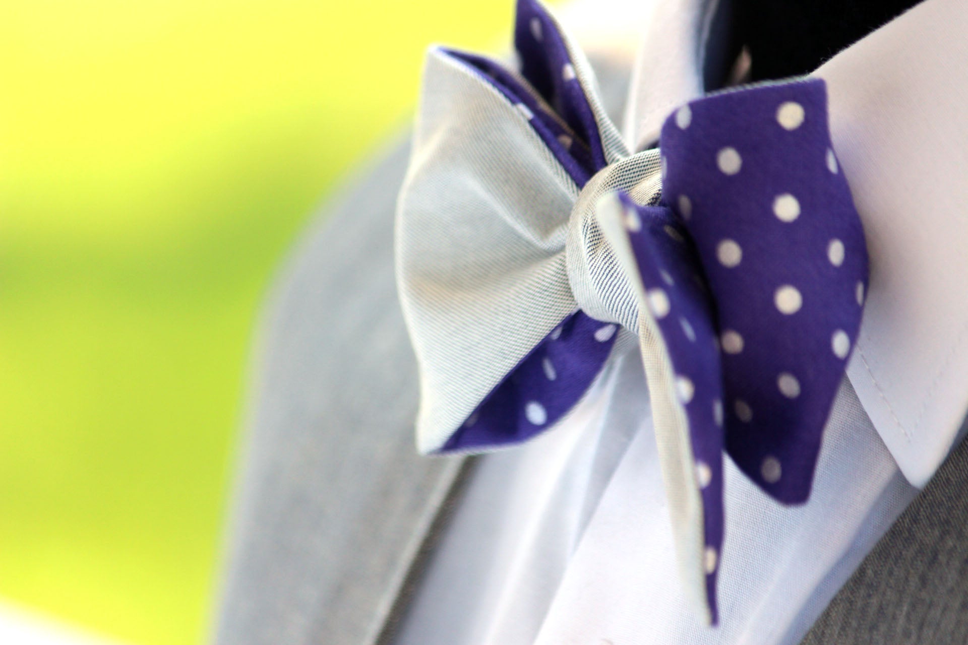 Purple Polka Dot Grey Solid Reversible Self-Tie Bow Tie