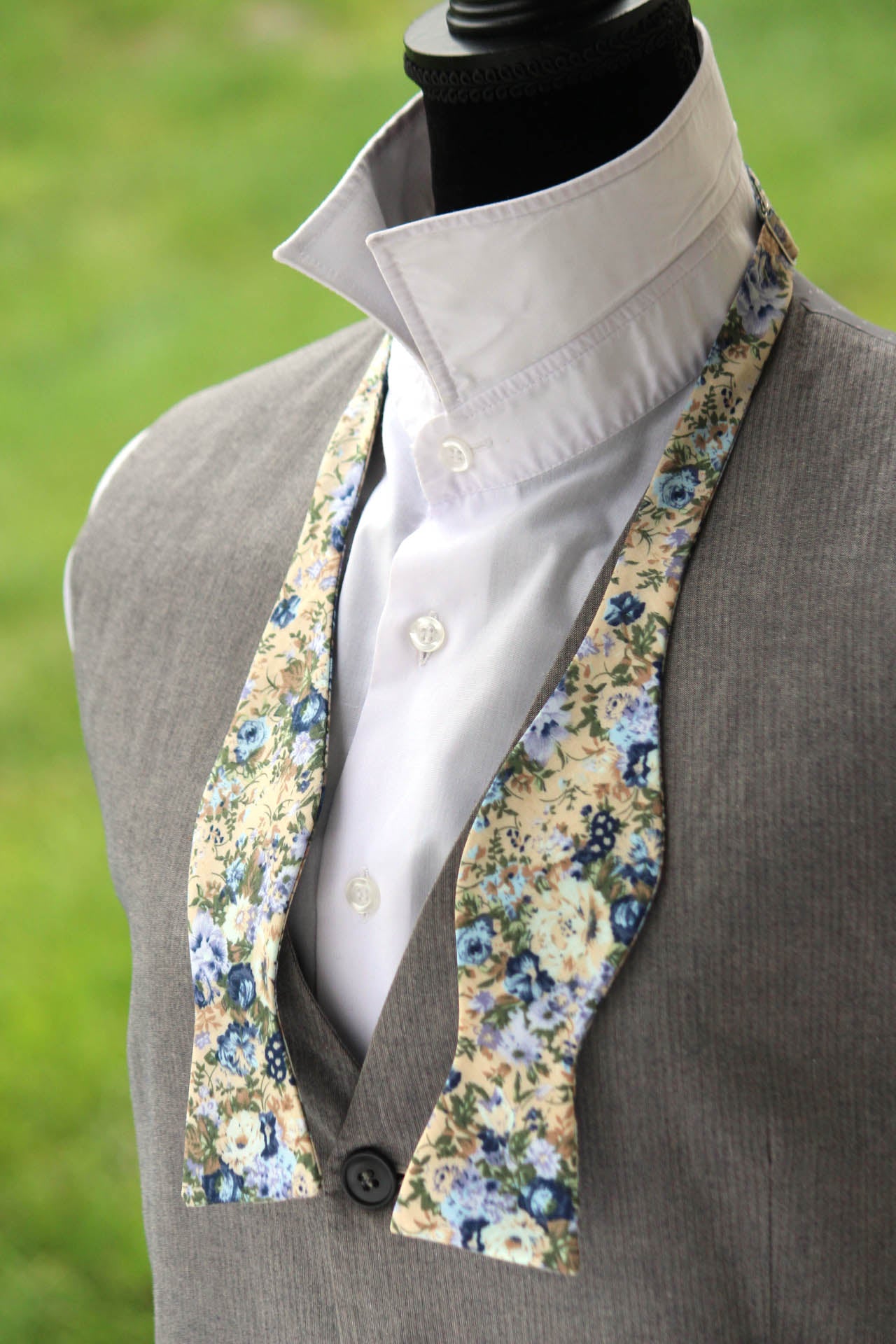 Grey Beige Blue Floral Self-Tie Bow Tie