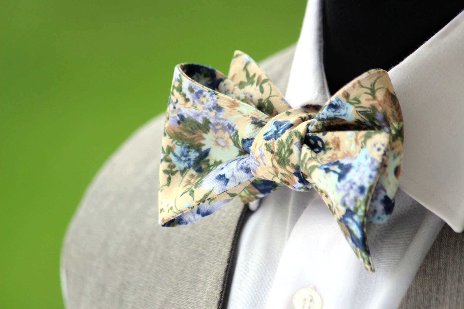 Grey Beige Blue Floral Self-Tie Bow Tie