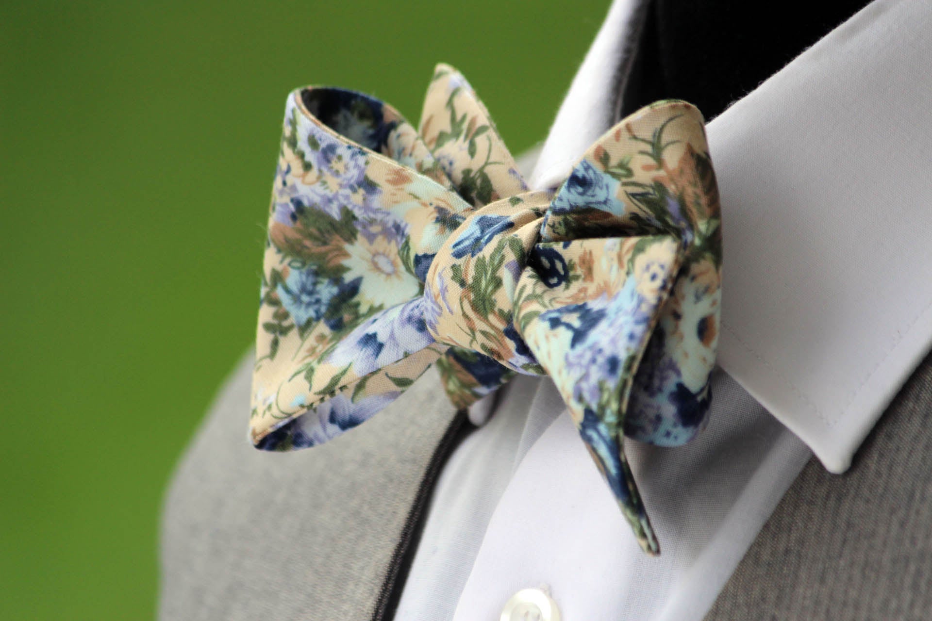Grey Beige Blue Floral Self-Tie Bow Tie