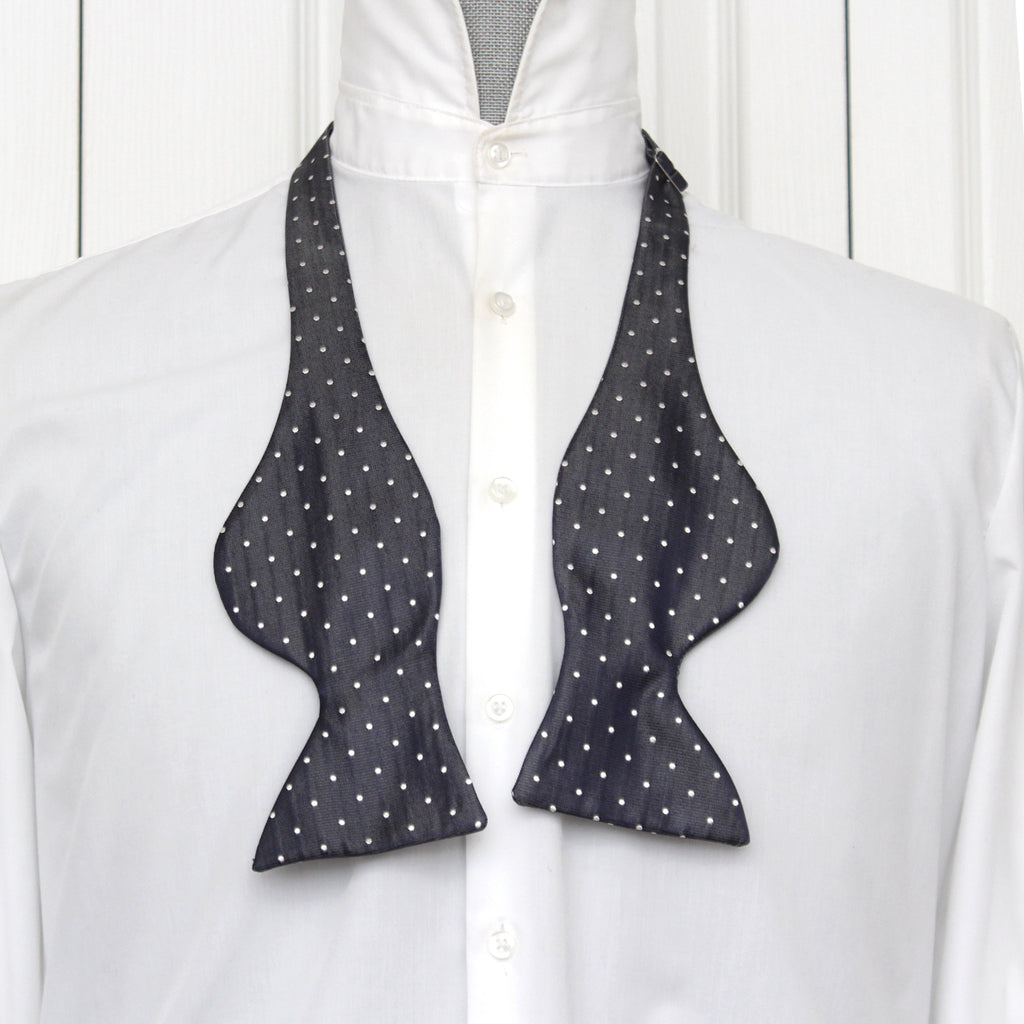 Men's Large Silk Bow Tie Dark Grey white Polka dots