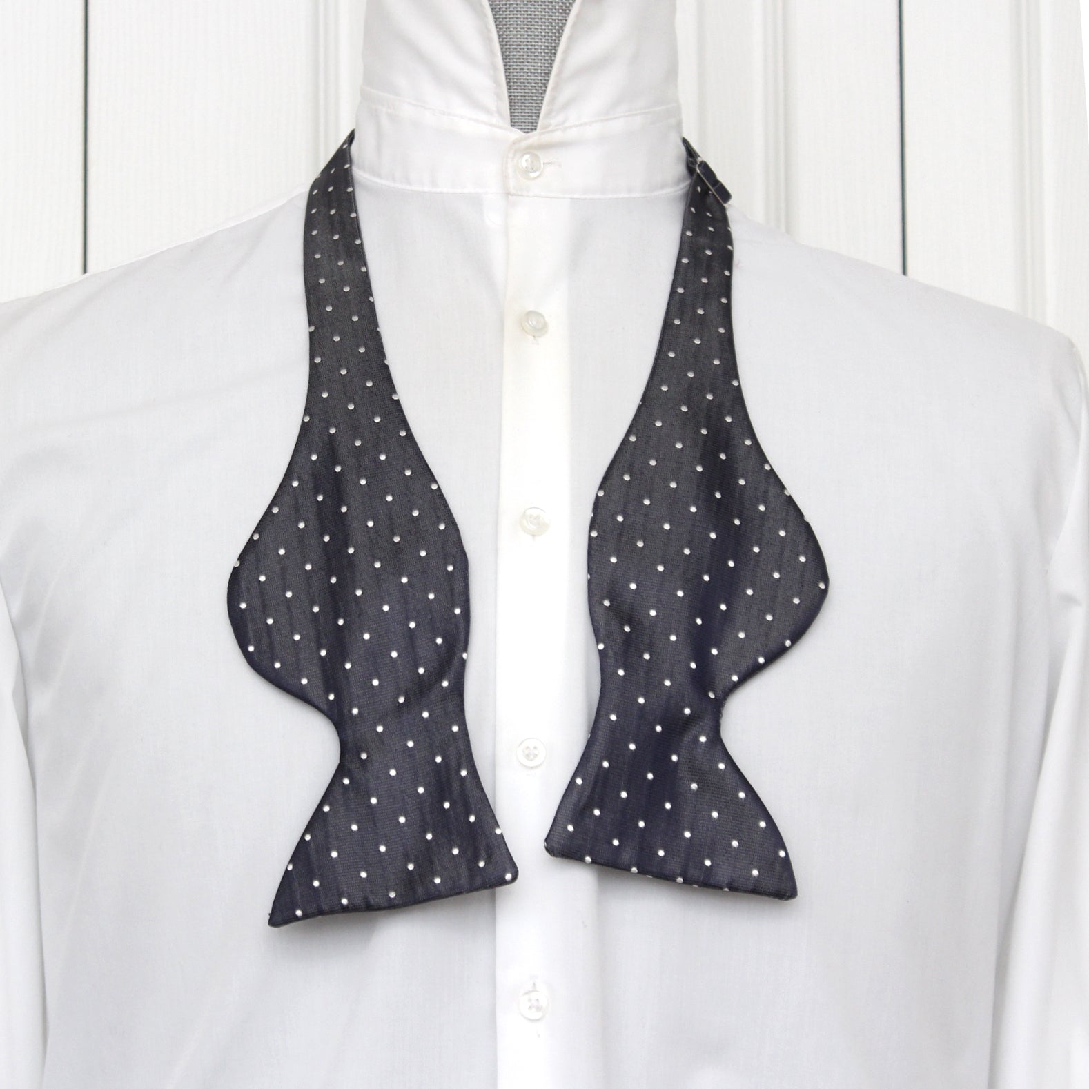 Men's Large Silk Bow Tie Dark Grey white Polka dots