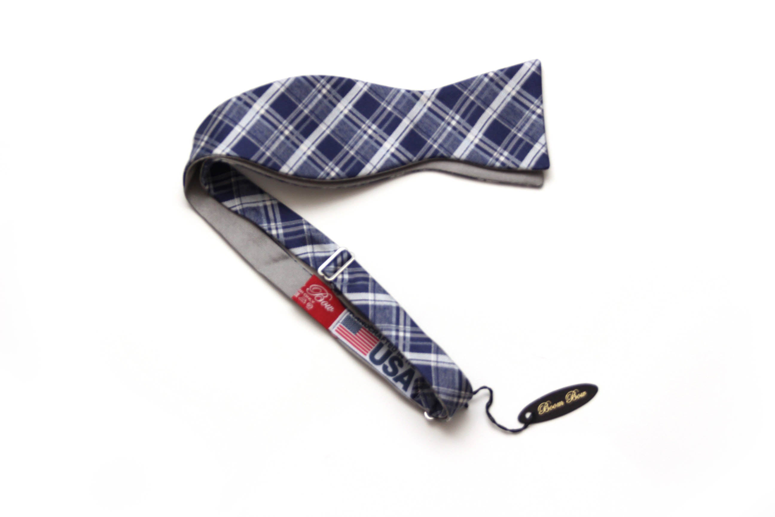 Blue Grey Plaid Reversible Self-Tie Bow Tie