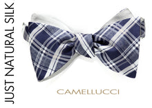 Load image into Gallery viewer, Blue Grey Plaid Reversible Self-Tie Bow Tie
