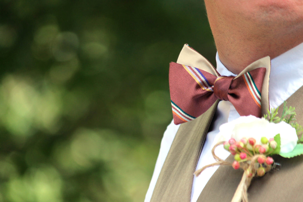 Mauve Stripe Beige Reversible Self-Tie Bow Tie
