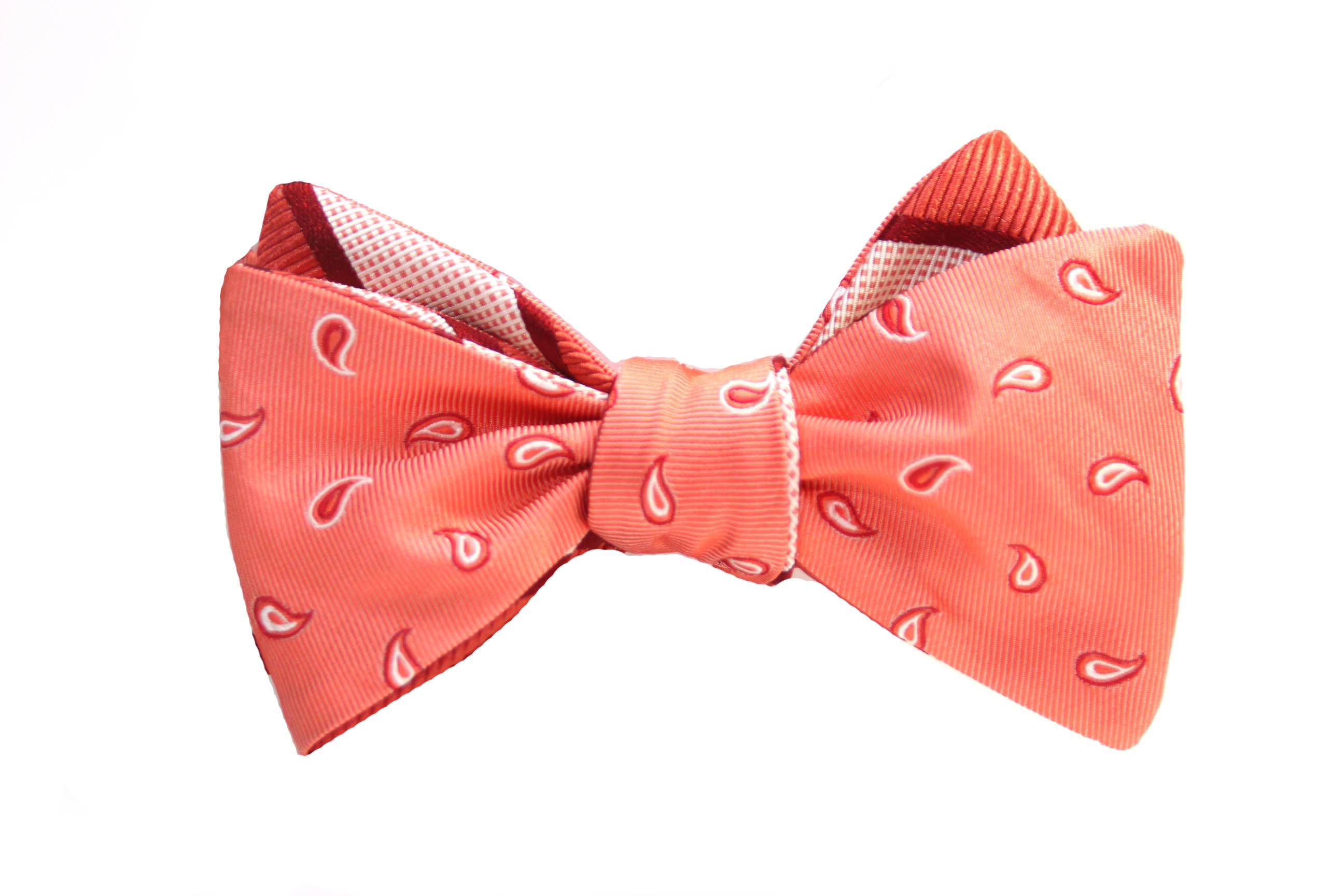 Coral Salmon Paisley Stripe Reversible Self-Tie Bow Tie
